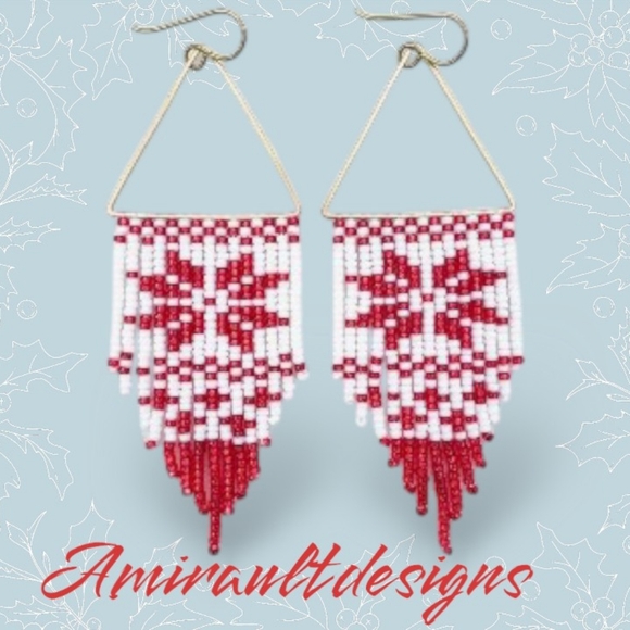 Beaded Earrings triangle tassels Christmas themed - Picture 1 of 2
